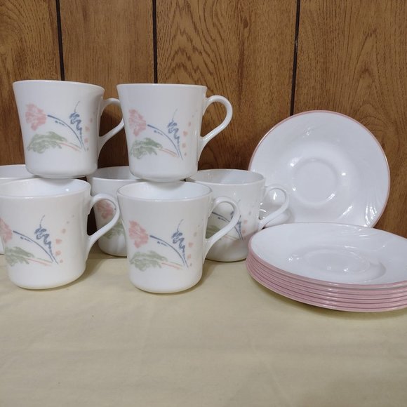14 pcs Vintage Corelle / Corning Cups & Saucers Pastel Ballet Pattern - Picture 2 of 13